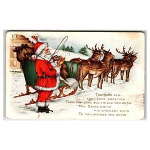 Vintage Whitney Santa Claus Christmas Sleigh Postcard with Reindeer 1912